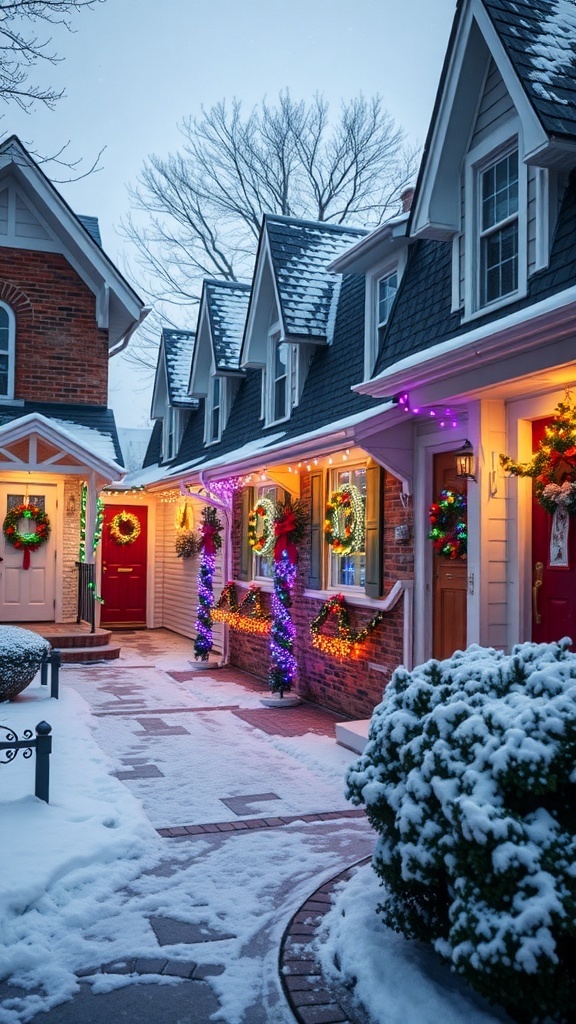 A collection of Christmas-decorated doors in a neighborhood, featuring lights, wreaths, and festive ornaments.